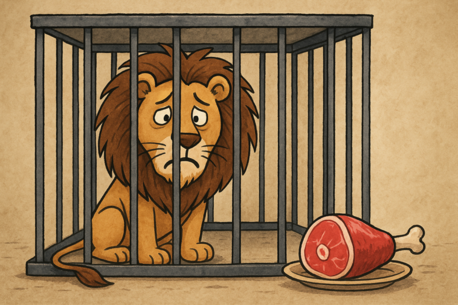 心理テストでライオンが檻の中に入って肉が食べられない絵
