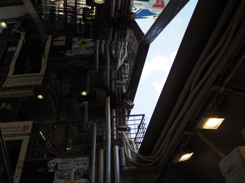 アメ横の路地裏の写真、配線が入り乱れた薄暗い通り