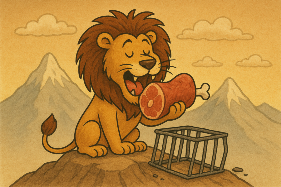 心理テストでライオンが檻から出て、山の上で肉を食べている絵